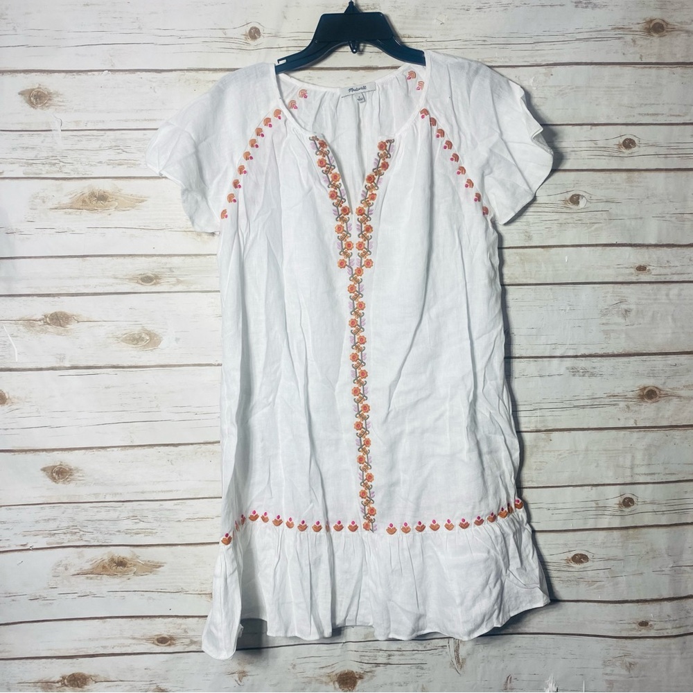 Madewell Women’s Linen White V Neck Short Sleeve Embroidered Mini Dress size S